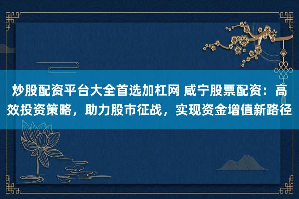 炒股配资平台大全首选加杠网 咸宁股票配资：高效投资策略，助力股市征战，实现资金增值新路径